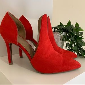 Red suede booties / heels size 5